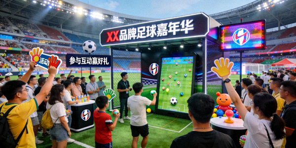 大型足球赛事现场营销活动，观众参与互动，品牌展台醒目