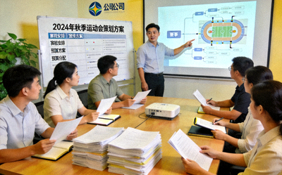 体育赛事策划会议场景，团队正在讨论活动方案